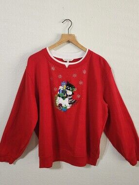 Vintage Heritage Charm Holiday Christmas Snowman Pullover XL Red Sweatshirt